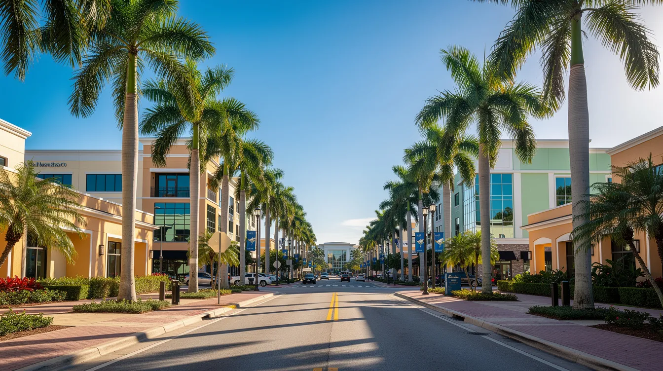 The image depicts a vibrant South Florida cityscape bathed in sunlight, featuring lush palm trees and modern low-rise professional buildings. This lively setting reflects a thriving business environment, ideal for startups and various industries seeking tax incentives and personalized tax solutions.