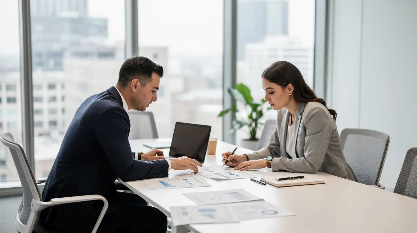The image depicts two professionals engaged in a consultation within a modern office, surrounded by documents and a laptop on the table. They appear to be discussing tax relief options, possibly related to tax debt and offers in compromise, as they review financial information and payment options.