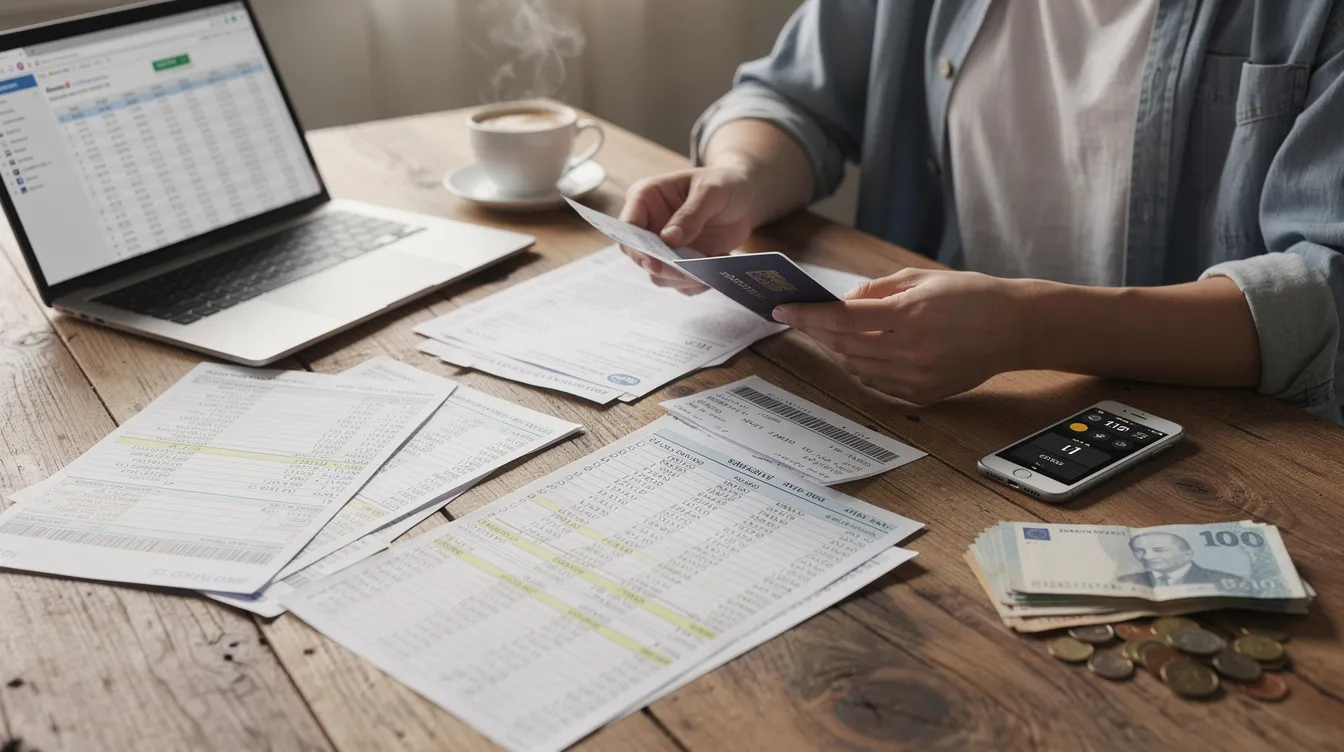 A person is sitting at a wooden table, meticulously reviewing travel documents alongside financial records, highlighting the importance of organization in managing tax-related matters. This scene reflects the diligence often required by tax lawyers in Los Angeles when preparing for tax audits or litigation.