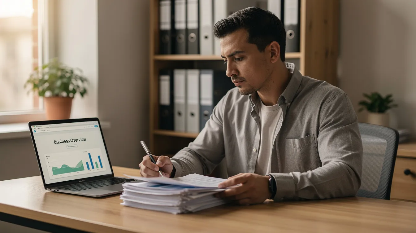 A focused small business owner sits at a desk, reviewing paperwork with a laptop open, highlighting the importance of personalized tax solutions and tax savings for many businesses. This scene reflects the dedication required to navigate tax credits and improve cash flow in various industries.