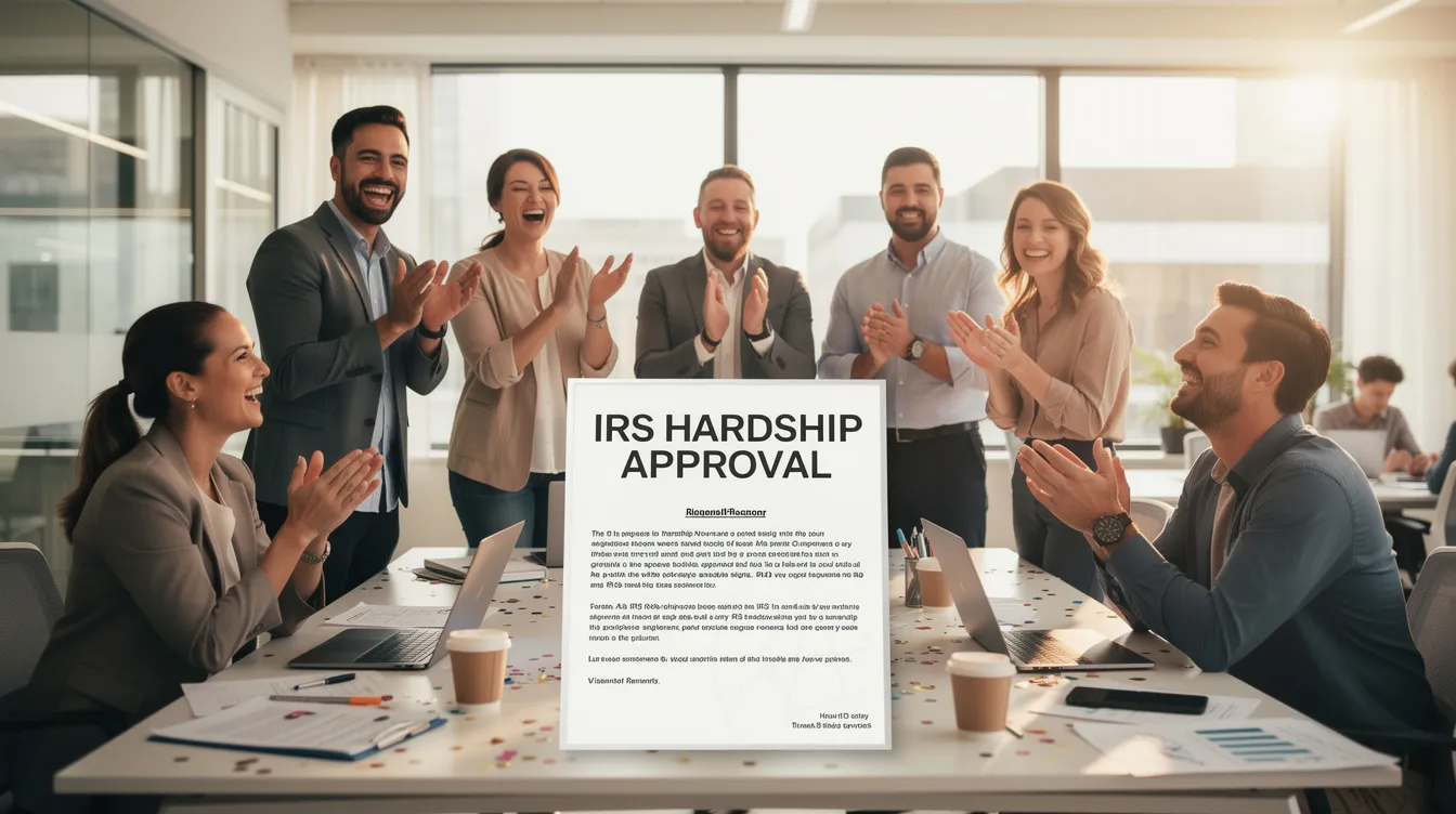 A team in an office is joyfully celebrating the approval of an IRS hardship application, with smiles and high-fives exchanged among colleagues. The atmosphere is filled with relief and excitement, as they discuss the implications for their federal tax return and the potential for refunds while being mindful of hidden fees.