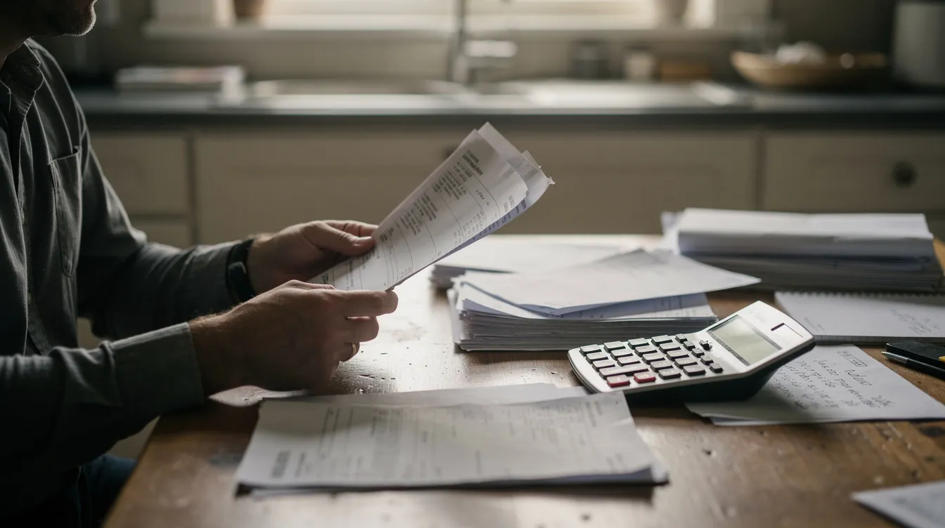 A person is sitting at a kitchen table, surrounded by financial documents and medical bills, while using a calculator to review their tax debt and payment options. The scene illustrates the challenges of managing tax liability and financial hardship, highlighting the importance of understanding offers in compromise with the IRS.