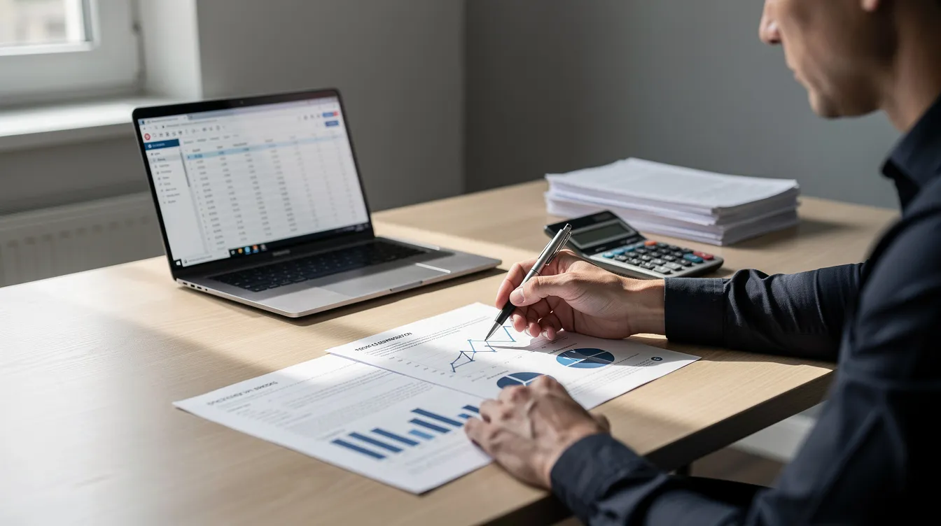 A person is seated at a desk, intently reviewing financial papers while using a laptop and a calculator, embodying the diligent work of accounting professionals in a collaborative culture. The scene reflects the essential tasks involved in management consulting and advisory services, highlighting the importance of teamwork and career development opportunities in the financial sector.