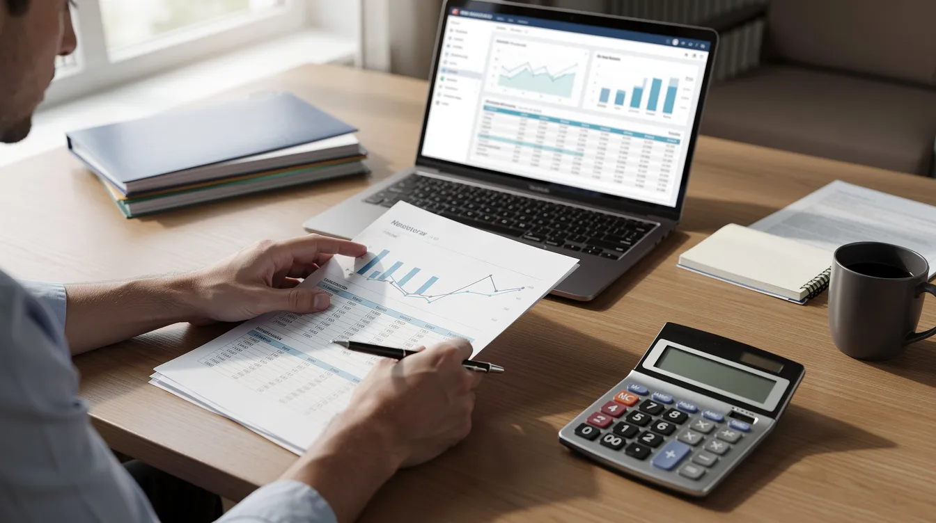 A person is seated at a desk, reviewing financial papers alongside a laptop and a calculator, likely assessing their tax liability and preparing necessary documentation for their tax return. The scene suggests a focus on resolving common tax problems, possibly involving income tax and deductions.