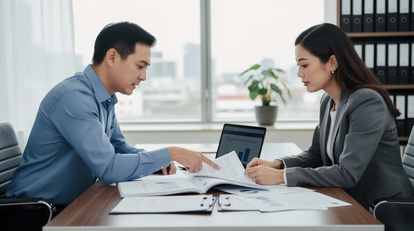A qualified tax professional is seated at a desk in an office, reviewing tax documents with a client, discussing tax debt relief options and potential payment plans to address their tax issues. The atmosphere is focused and professional, highlighting the importance of resolving unpaid taxes and obtaining tax relief services.
