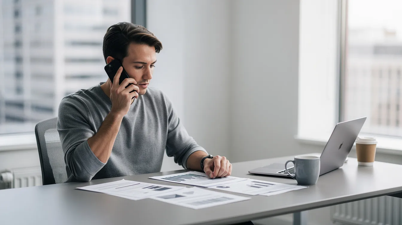 A calm person is speaking on the phone while reviewing documents related to their tax situation, likely discussing options for tax debt relief or payment plans with a qualified tax professional. The scene conveys a sense of focused determination in addressing tax issues and finding solutions.