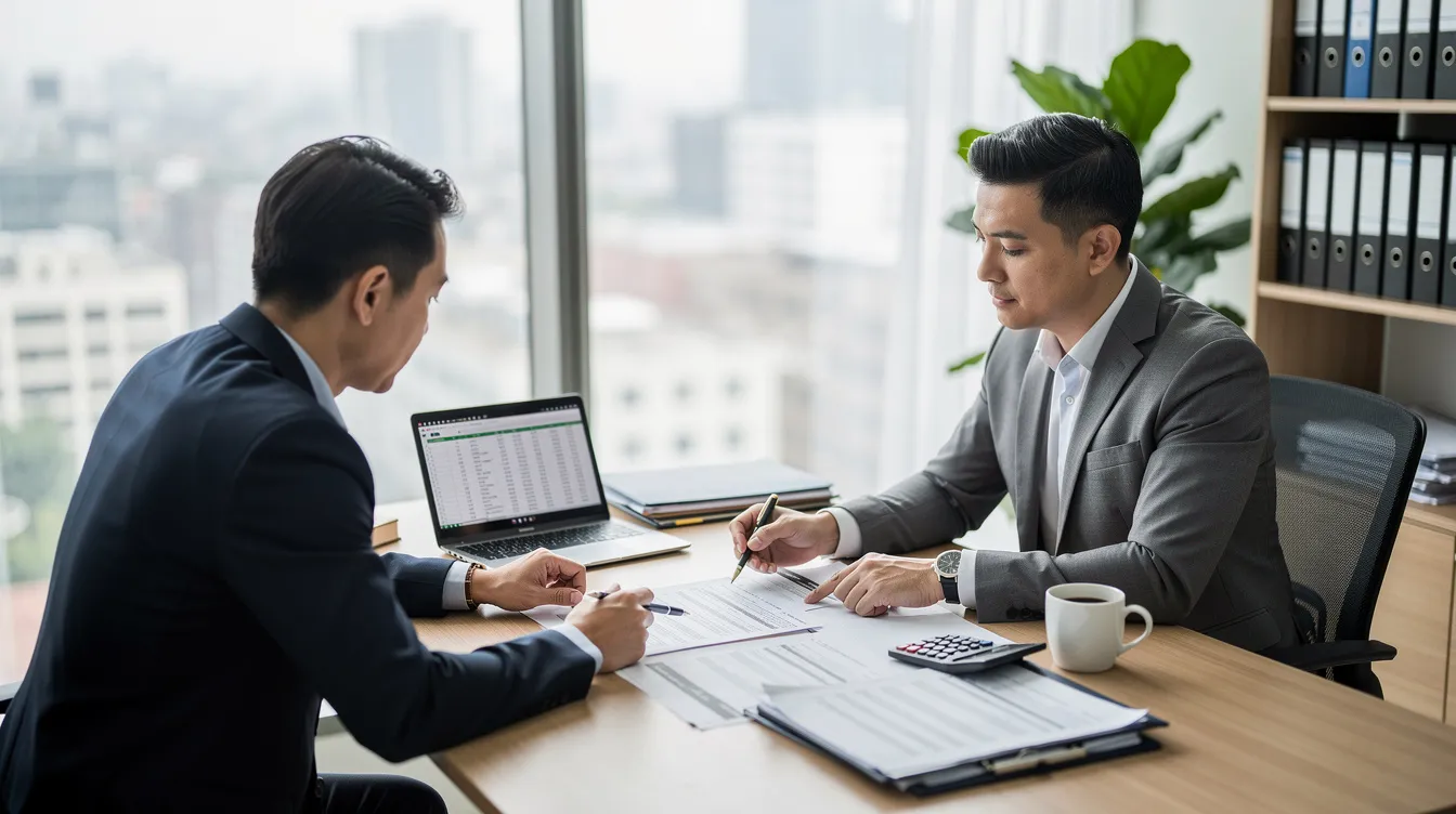 A tax professional is seated at a desk, reviewing tax documents with a client, discussing important aspects such as tax liability, taxable income, and potential tax credits. The atmosphere is focused, emphasizing the importance of expert guidance in navigating tax law and resolving common tax problems.