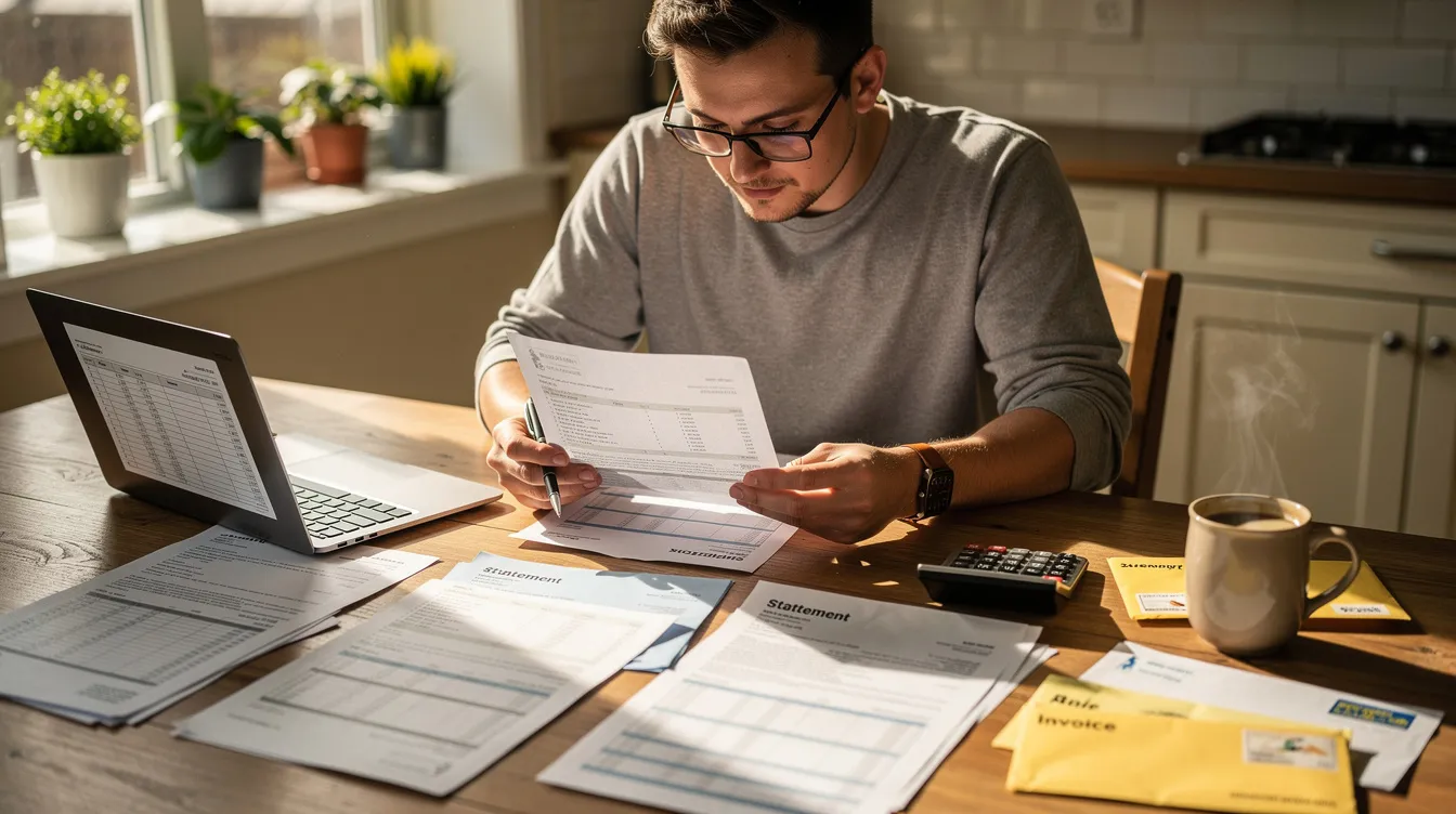 A person is seated at a kitchen table, intently reviewing various financial documents, possibly related to tax issues such as unpaid taxes or back taxes. The scene suggests a focus on resolving tax problems, indicating the importance of seeking help from an experienced tax attorney or tax relief attorney for guidance on complex tax laws.