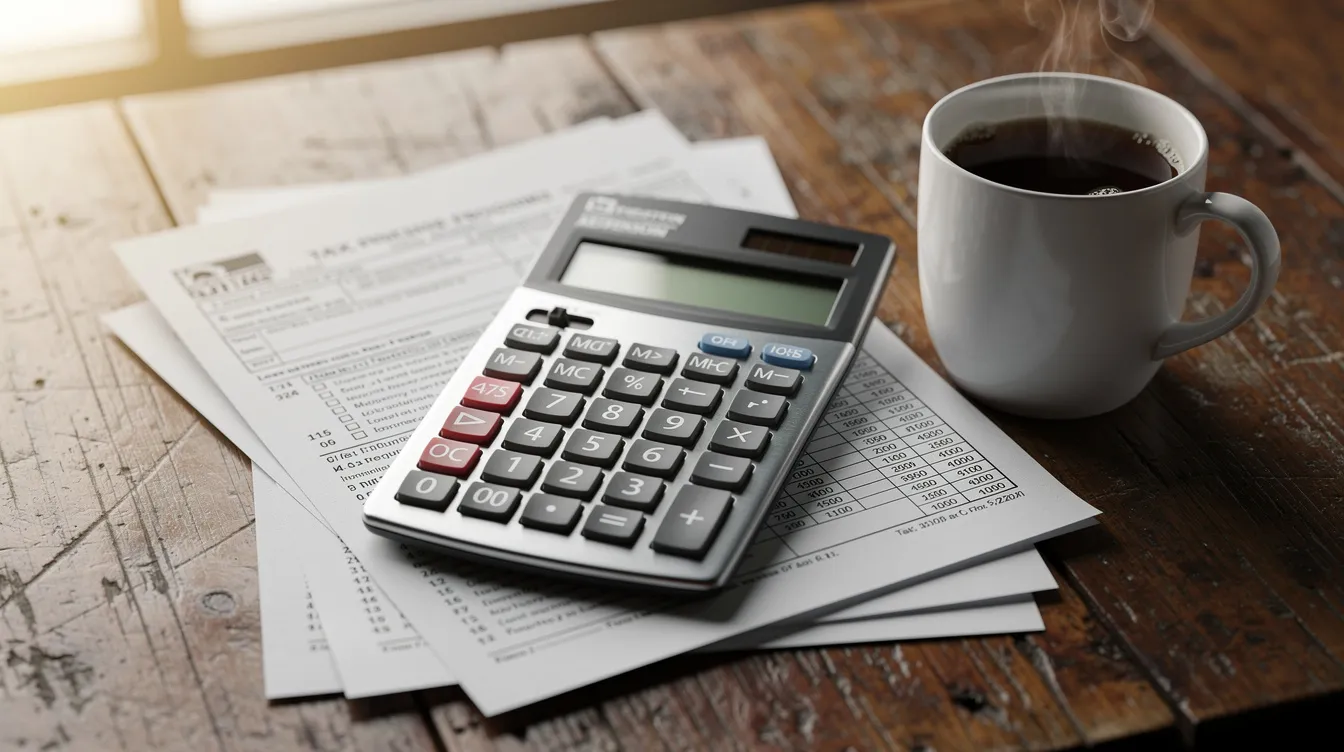 The image depicts a calculator resting on top of printed tax forms, alongside a coffee mug, all placed on a wooden desk. This scene symbolizes the financial considerations surrounding tax debt and the complexities of managing tax liability, often requiring the expertise of a tax professional for options like an offer in compromise.