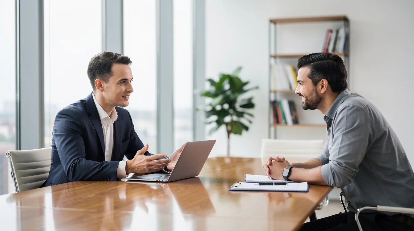 The image depicts a professional meeting between a client and a tax professional in an office setting, where they discuss matters related to federal income tax and tax liability. The atmosphere is focused and collaborative, emphasizing the importance of understanding taxes owed and payment plans.