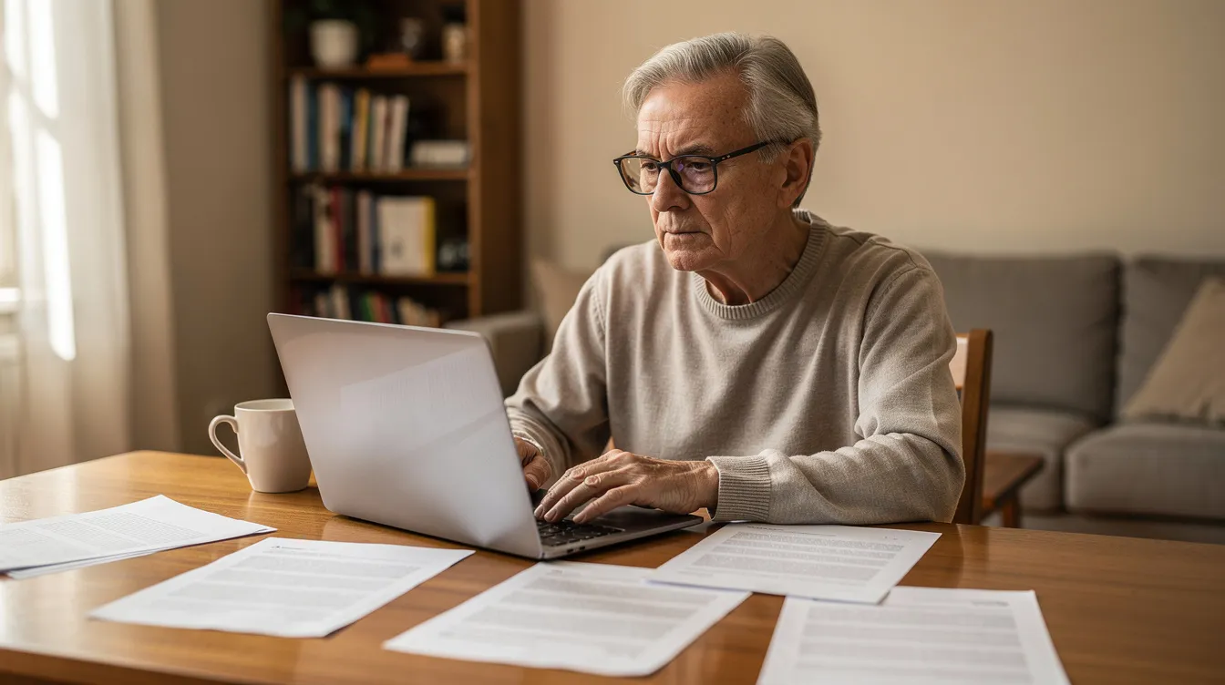 An older adult sits at home, focused on a laptop while surrounded by paper documents, possibly related to their tax obligations or financial situation. The scene suggests they may be managing unpaid taxes, exploring options for IRS tax forgiveness, or reviewing their tax returns amidst concerns about an unexpected tax bill.