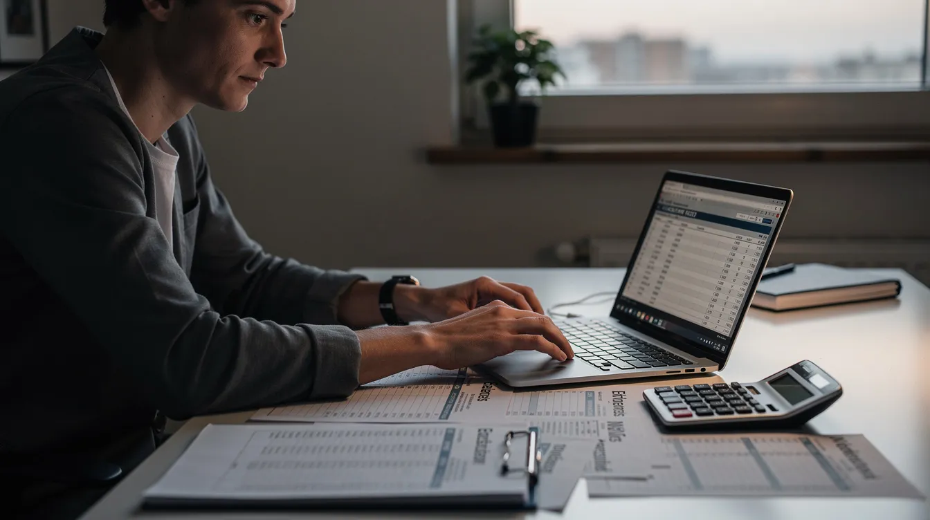 A person is seated at a desk with a laptop and a calculator, focused on financial calculations related to tax debt and liabilities. They appear to be working through options such as an offer in compromise with the IRS, considering payment plans and estimated tax payments.