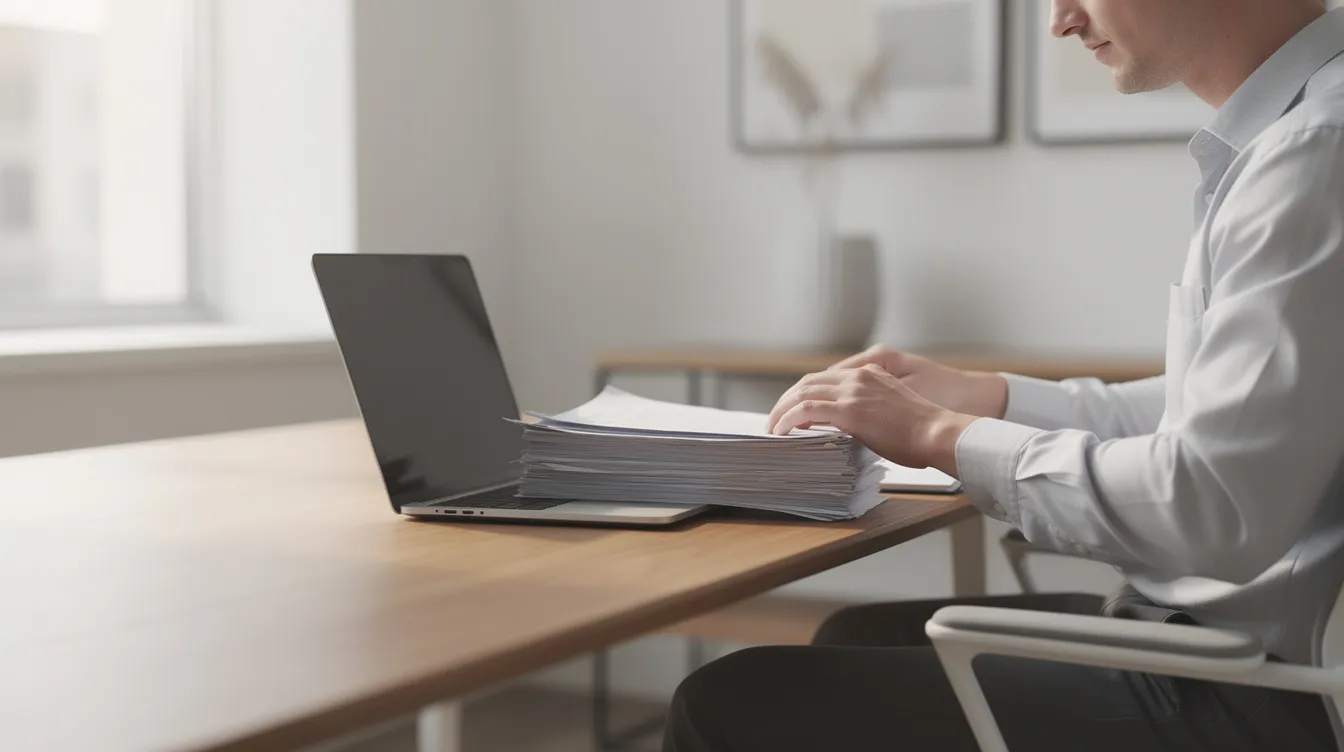 A calm individual is organizing paperwork related to taxes beside a laptop, suggesting a focus on managing tax liabilities and preparing for upcoming deadlines. The scene conveys a sense of order and attention to financial responsibilities, such as filing tax returns and ensuring all documents are in place.