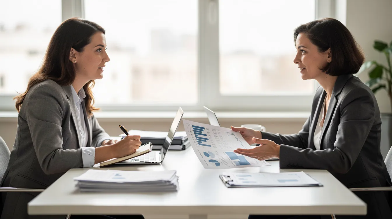 A small business owner is engaged in a discussion with a professional advisor at a table, highlighting the importance of consulting firms in providing guidance on growth opportunities and business valuation. The scene reflects a collaborative culture where senior professionals offer their expertise to support clients in navigating their business challenges.