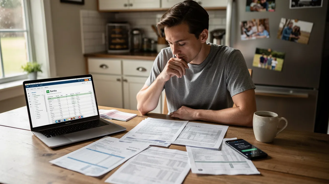 A person is sitting at a kitchen table, reviewing financial paperwork that likely includes tax returns and documents related to unpaid taxes. This scene highlights the importance of seeking tax relief services and assistance from qualified tax professionals to address tax debt issues.