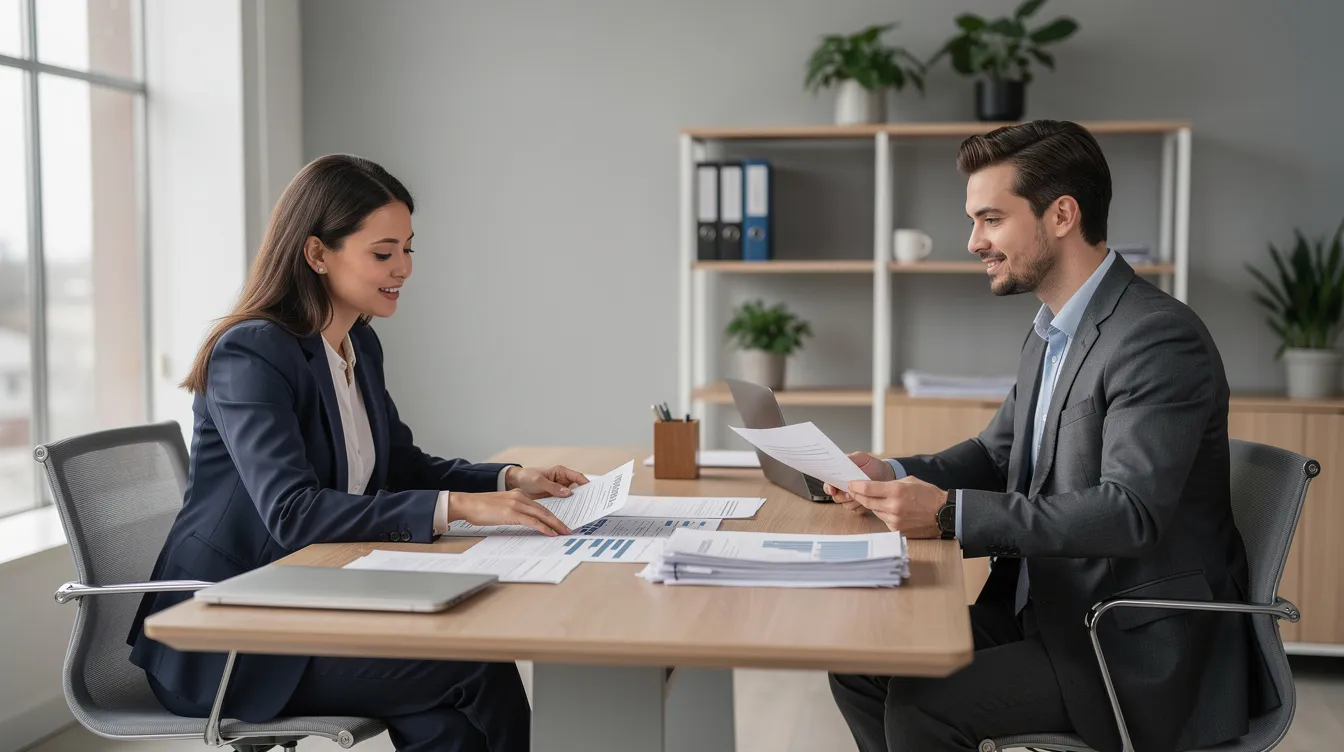 The image depicts a calm professional office setting where two individuals are seated across a desk, reviewing documents together. This collaborative environment suggests a focus on addressing tax challenges, possibly involving tax relief options or an initial consultation with licensed tax attorneys.