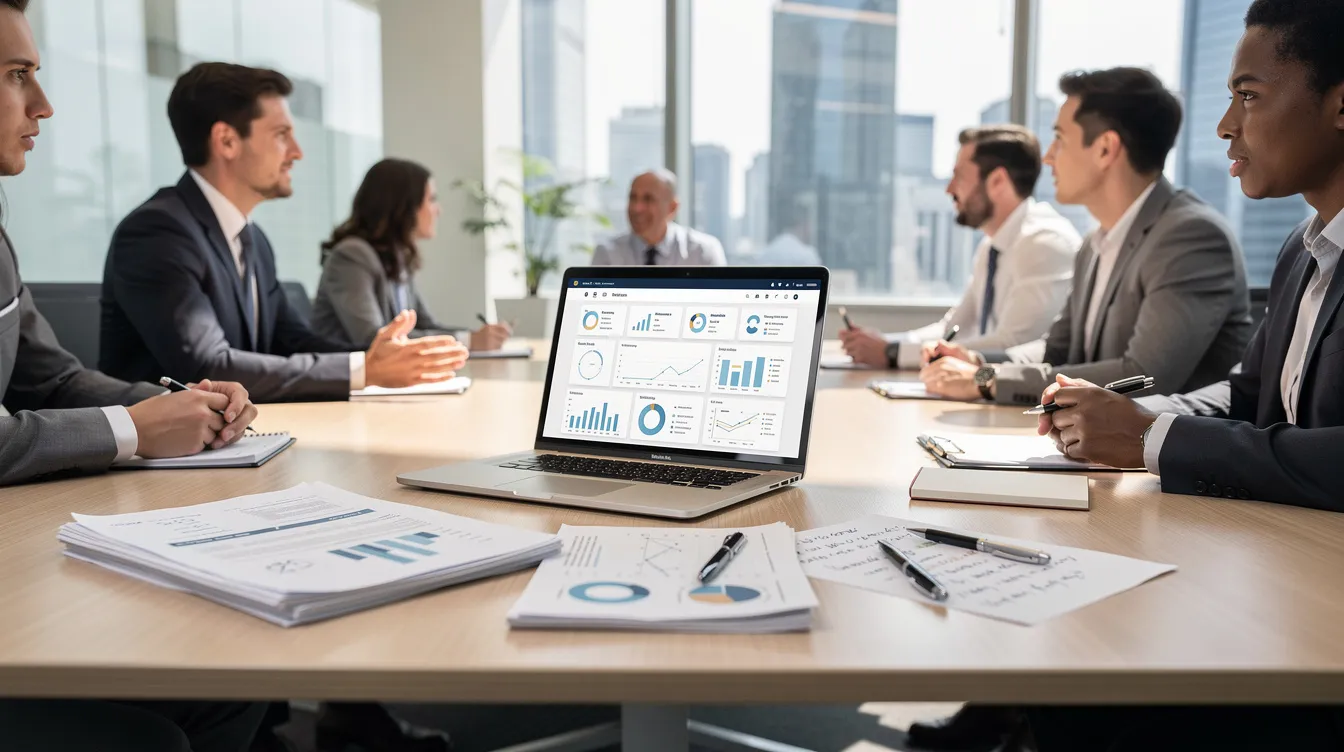 A professional meeting is taking place in a modern office, featuring a desk cluttered with documents and a laptop, suggesting discussions related to tax law and legal matters. The setting reflects a focus on tax issues, potentially involving experienced tax attorneys from Los Angeles.