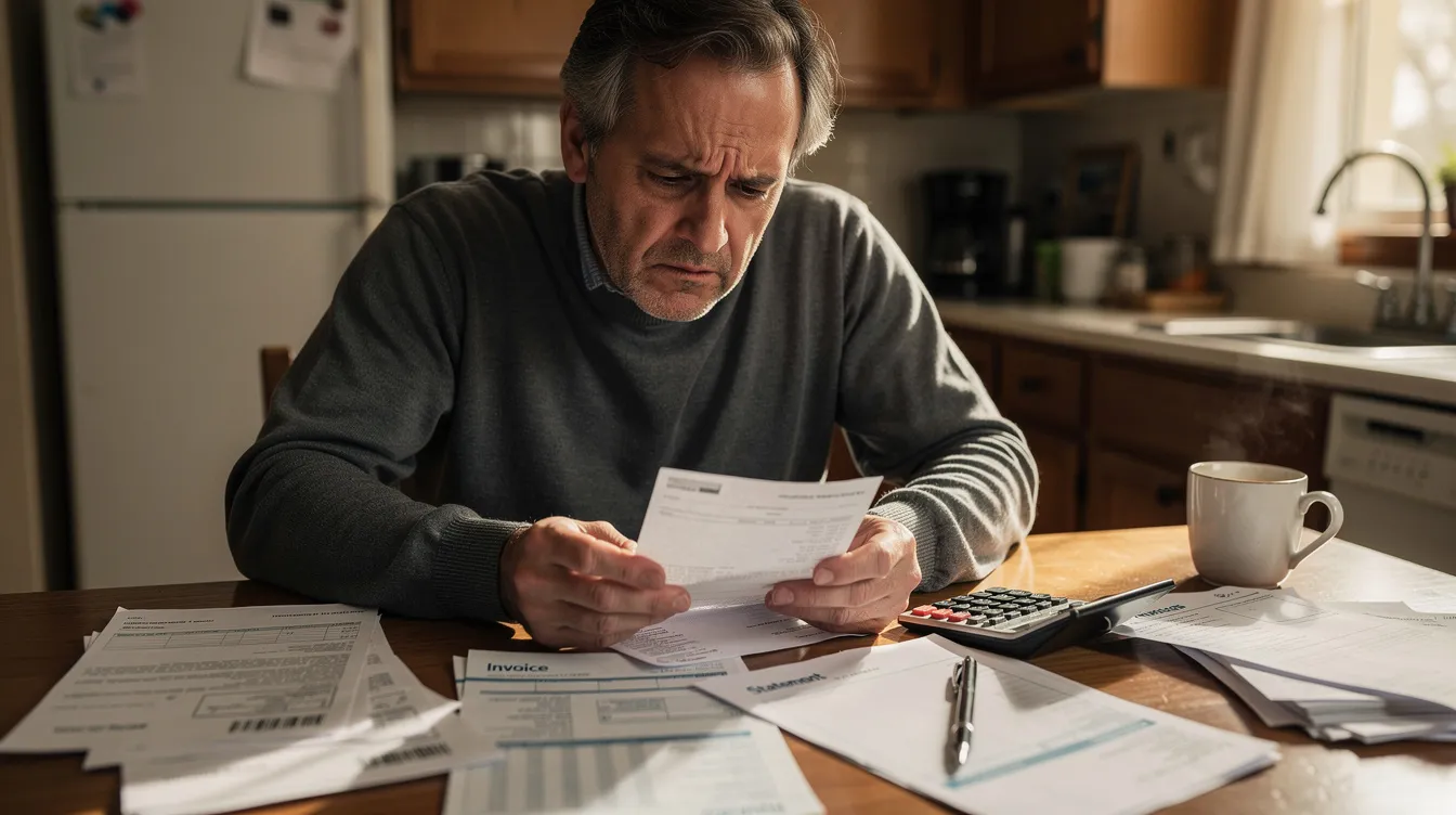 A concerned person sits at a kitchen table, reviewing financial documents and using a calculator, likely analyzing their tax debt and the potential for wage garnishment. The scene reflects a moment of financial hardship, as they consider their payment options and the implications of unpaid taxes.