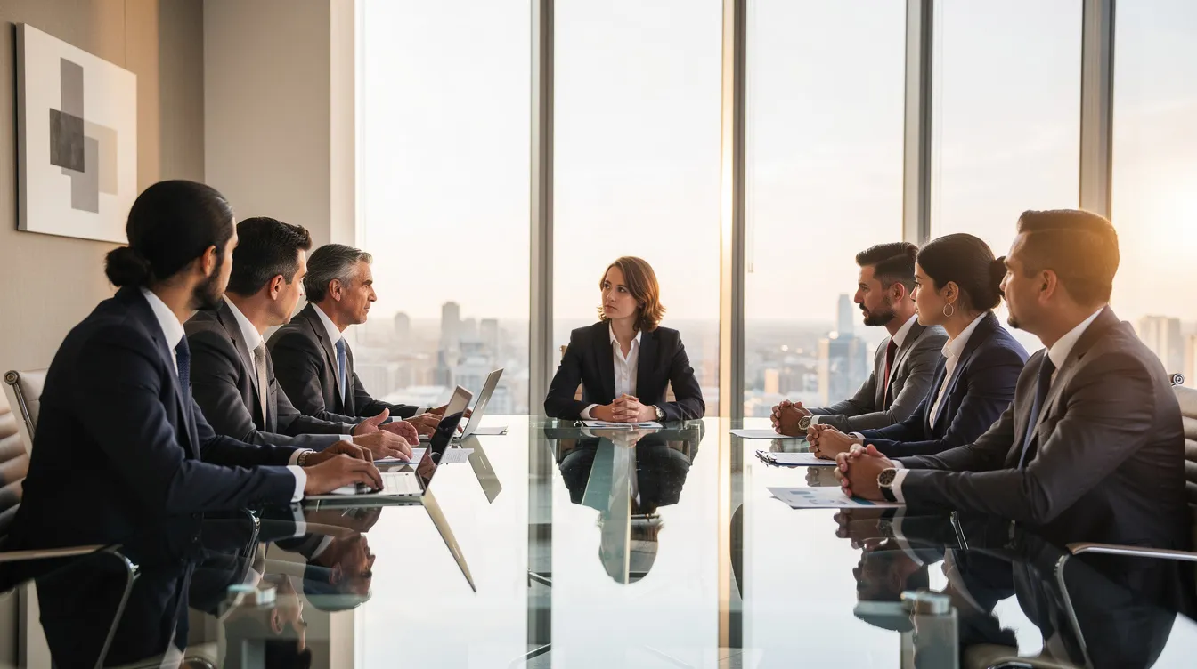 The image depicts a professional meeting in an office setting, where a tax professional is discussing tax debt relief options with a client. They are reviewing detailed financial information to determine eligibility for programs like the IRS Fresh Start Initiative and discussing strategies to settle tax debt effectively.