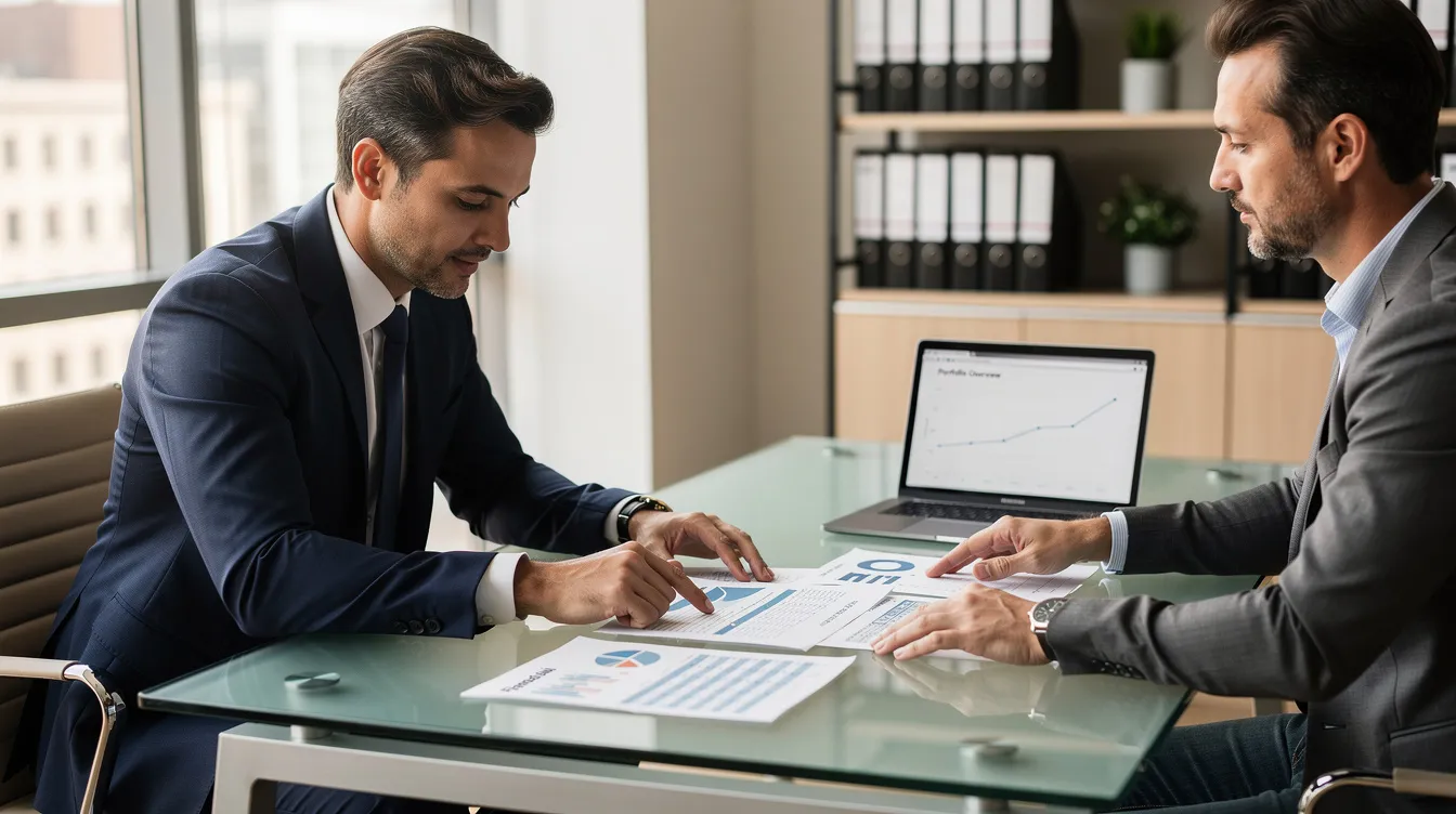 A professional is seated at a desk, reviewing financial paperwork with a client, discussing options for a payment plan to address their tax return and any potential tax penalties and interest. The scene conveys a sense of collaboration as they explore various payment options and the client's financial situation.