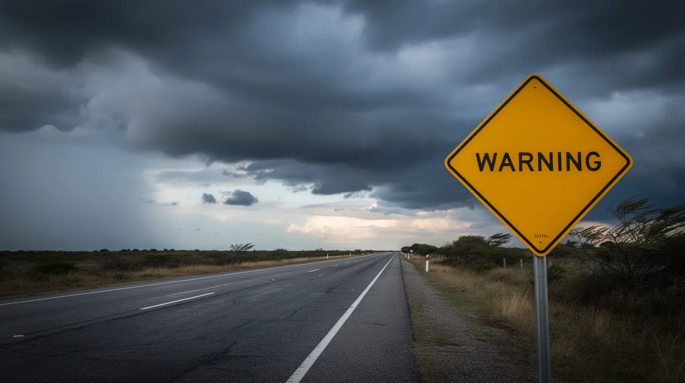 The image features a warning sign on a road, indicating caution, with dark storm clouds looming ominously in the background. This scene may symbolize the potential tax issues that many taxpayers face, such as unpaid taxes or the need to manage their tax balance effectively.
