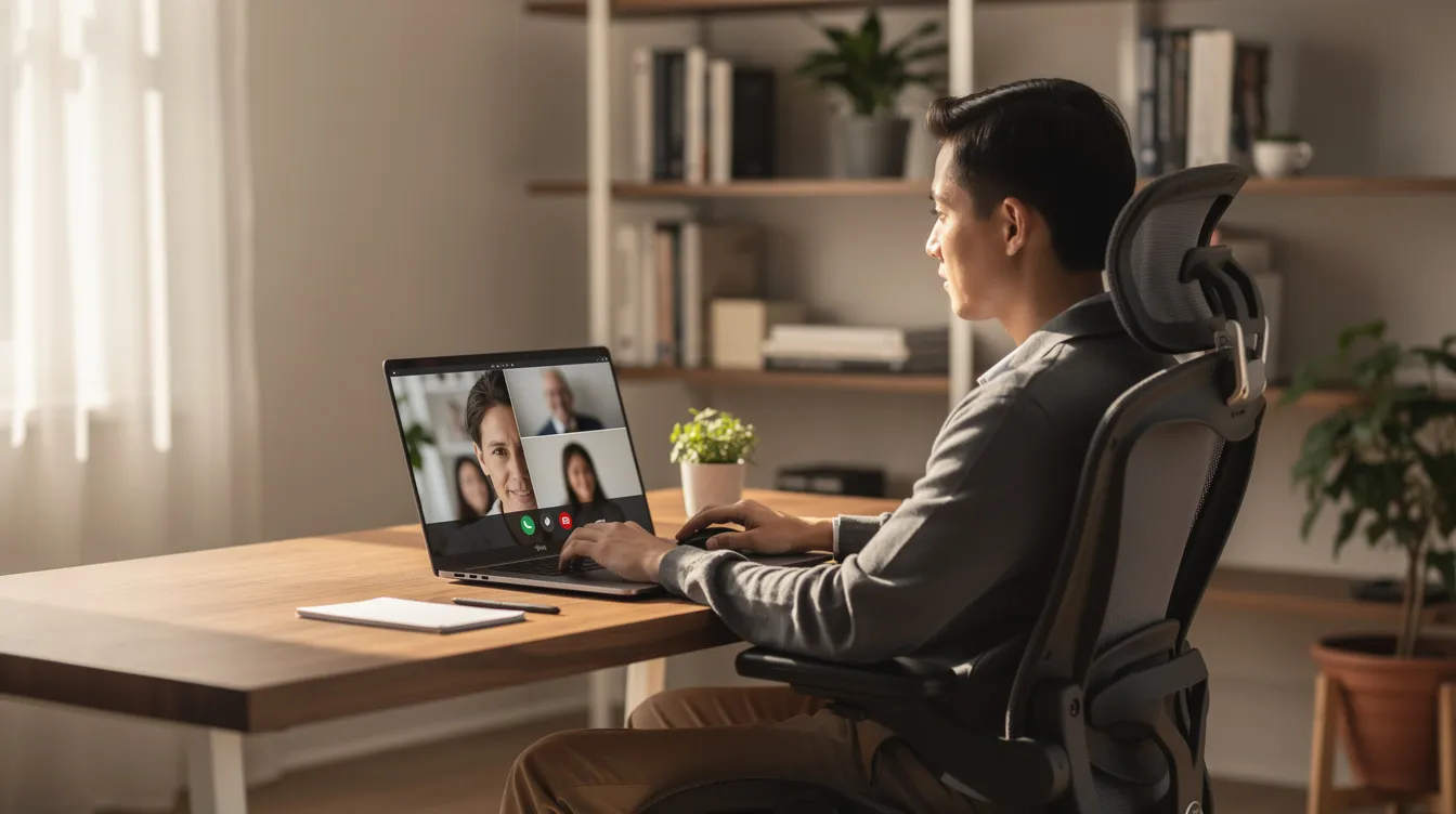 A professional is engaged in a video conference call on a laptop in a cozy home office, surrounded by tax documents and accounting materials, likely discussing tax planning services or tax preparation strategies with clients. The setting reflects a focus on financial goals and compliance with tax laws.
