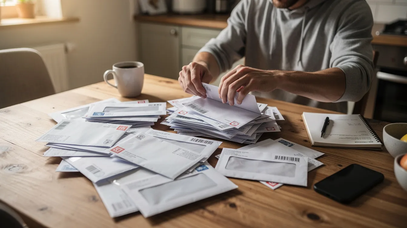 The image shows a person carefully sorting through a pile of official-looking mail envelopes on a kitchen table, likely reviewing important documents related to their tax records, including potential tax bills and payment options for any tax debt. The scene suggests they are managing their financial situation and preparing to address their tax liabilities.