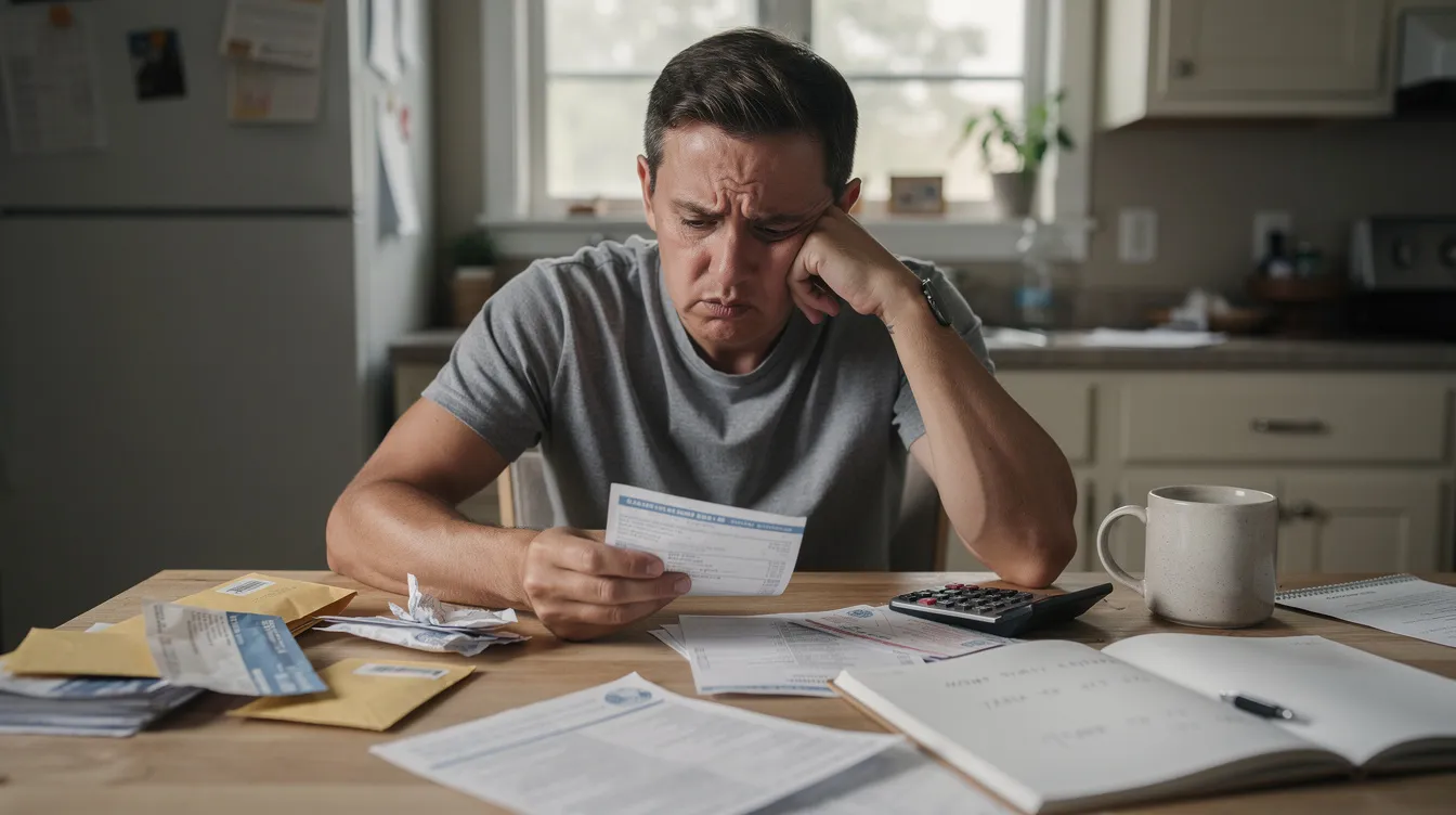 A person is sitting at a kitchen table, looking concerned as they review mail and financial documents related to their tax debt and obligations. The scene reflects their financial hardship, possibly contemplating options for tax relief or a payment plan to manage their tax liability.