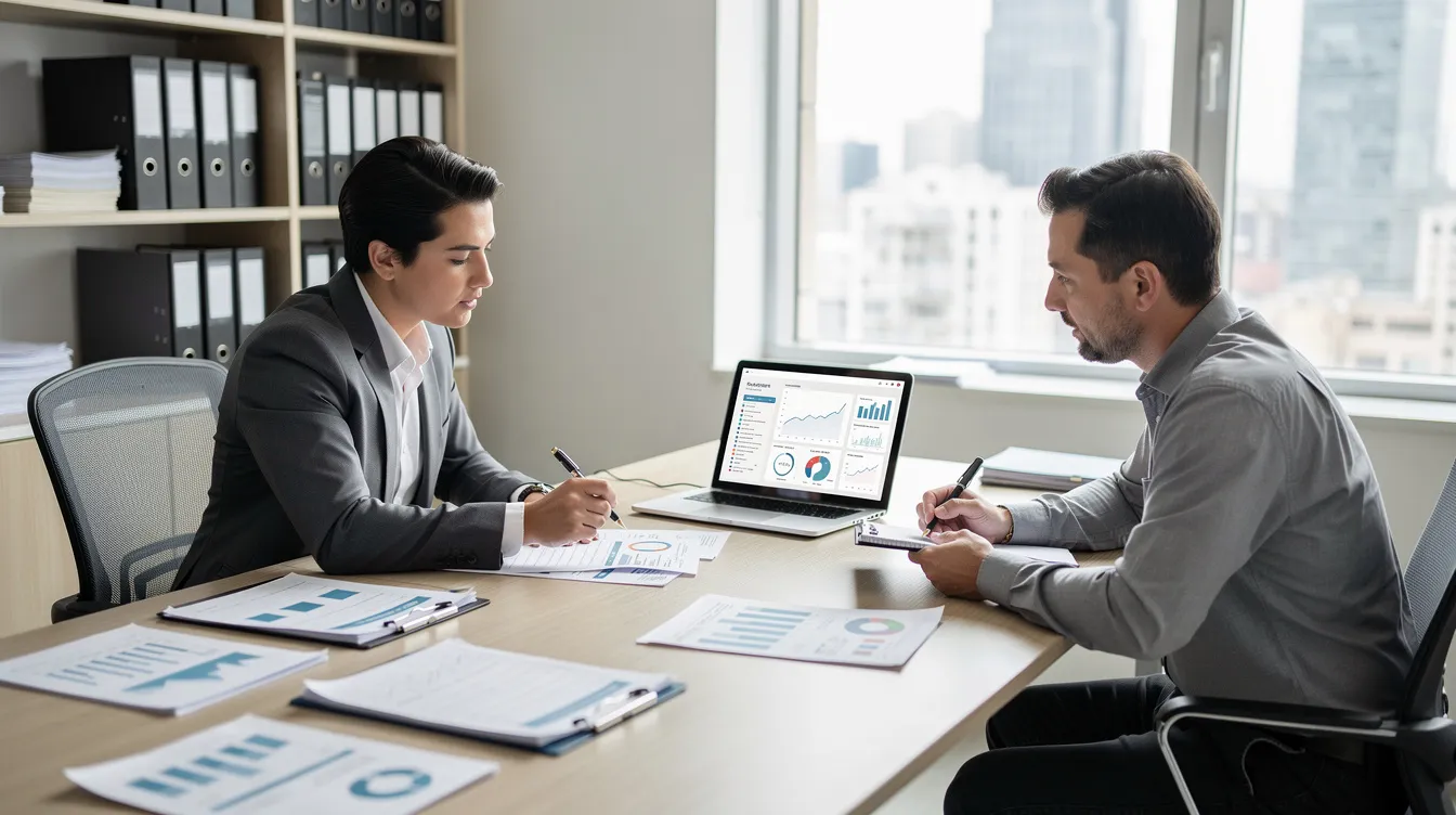 The image depicts a professional tax accountant sitting across a desk from a small business owner, discussing financial documents related to tax preparation and strategic guidance for their business's financial goals. The setting suggests a collaborative atmosphere, highlighting the importance of accounting services and advisory support during tax season.