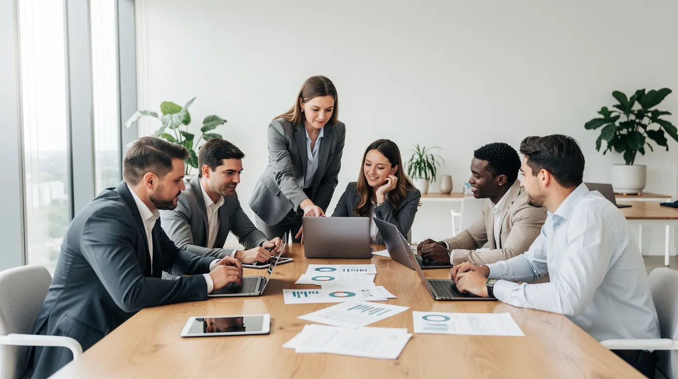 The image depicts a professional team collaborating in a modern office filled with natural light, emphasizing teamwork among tax professionals as they discuss tax preparation strategies and financial reporting for their clients. This dynamic setting showcases the importance of accounting services and advisory support in achieving financial goals for businesses.