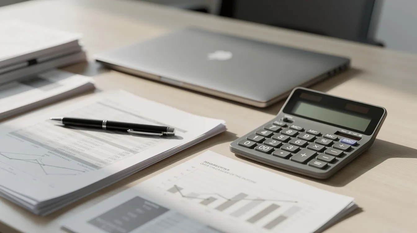 The image depicts a calm office desk featuring a calculator and neatly arranged documents, suggesting a space for managing financial matters, such as tax debt and obligations. This serene setting may evoke thoughts of tax relief options and the importance of organized financial planning.
