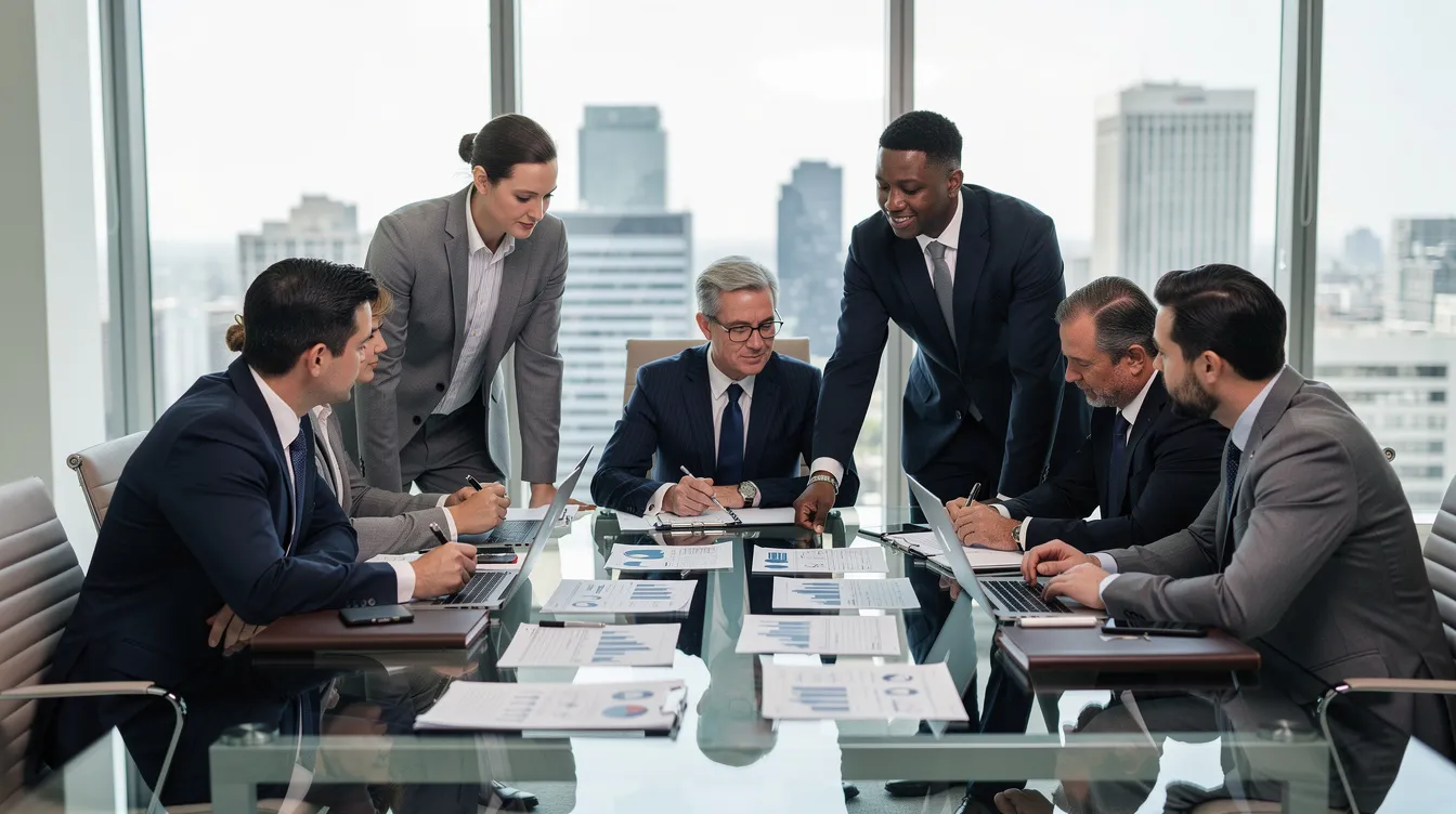 A professional team of attorneys and accountants is gathered around a conference table, engaged in a discussion about important documents related to tax compliance and sales tax obligations. The team, consisting of sales tax specialists and tax professionals, is focused on resolving tax issues and ensuring compliance with local taxing authorities.