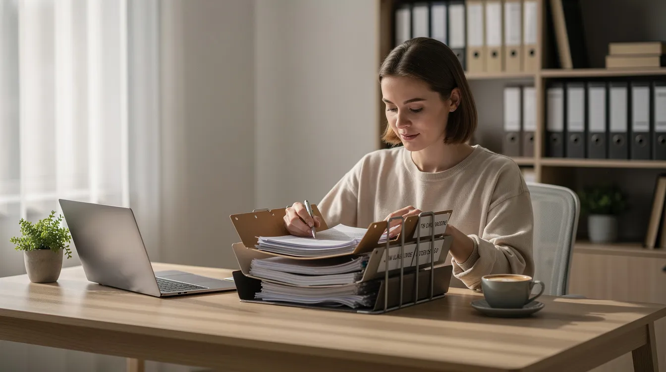A calm person is seen organizing various folders and papers at a desk, suggesting a methodical approach to managing important documents related to taxes and financial matters. The atmosphere conveys a sense of professionalism and focus, ideal for tasks like negotiating payment plans or seeking tax relief assistance.