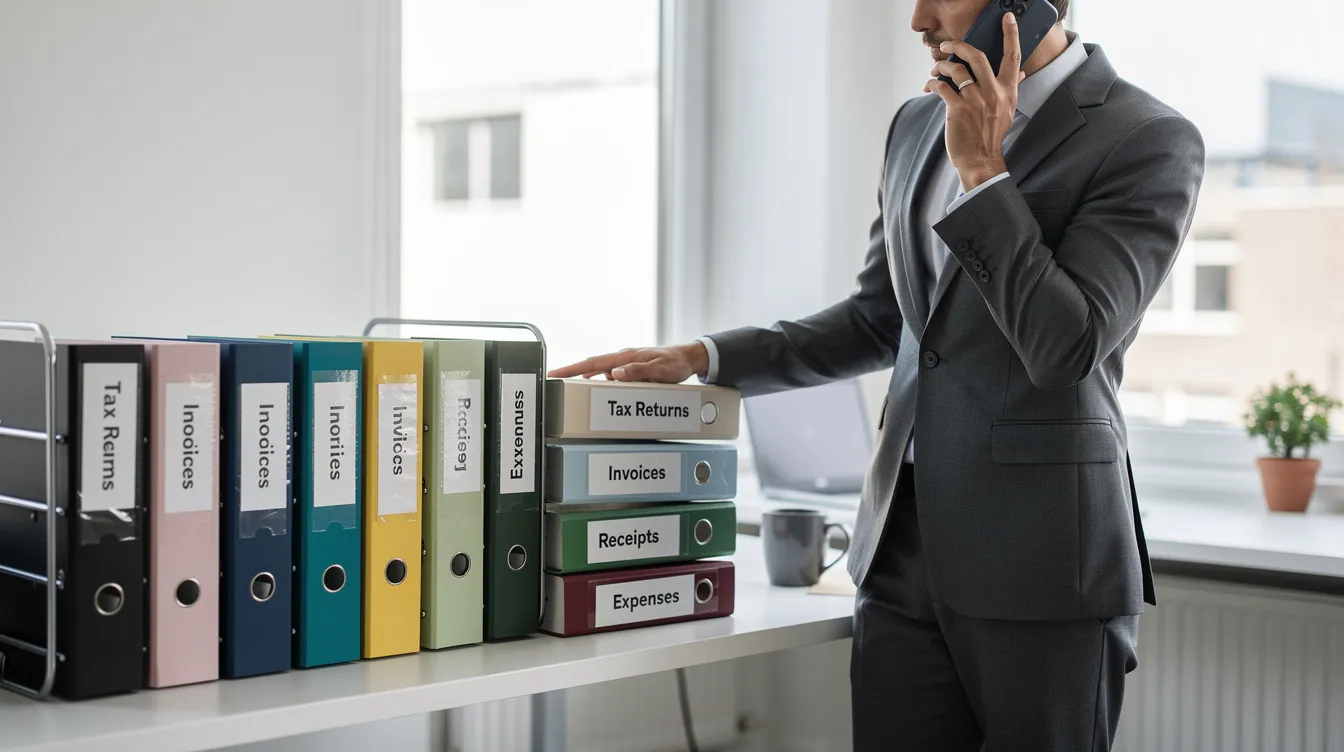 A person is speaking on the phone while sitting next to neatly organized tax folders, suggesting they may be discussing payment plan options with the IRS, such as installment agreements or direct debit arrangements for managing their tax payments.