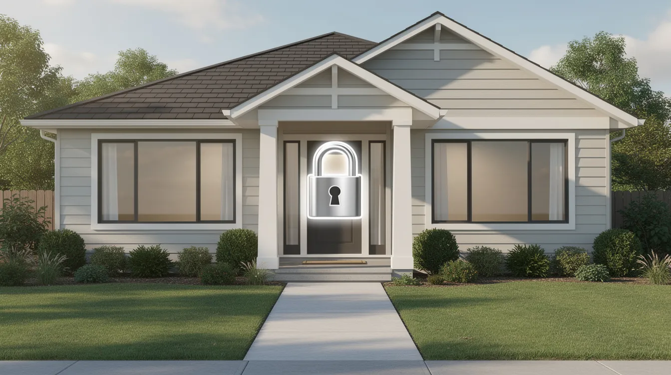 The image depicts a residential house with a well-maintained front yard, featuring a prominent locked padlock icon on the front door, symbolizing property security. This visual conveys a sense of safety and protection for homeowners, emphasizing the importance of safeguarding one's property amidst financial obligations such as tax debts and liabilities.