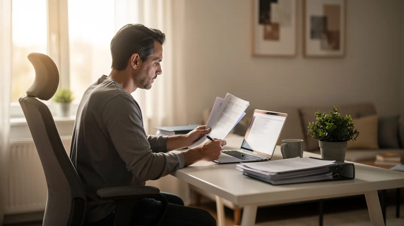 A person is seated at a home office desk, reviewing documents while using a laptop, likely engaged in tax preparation or financial reporting. This scene reflects the work of a tax accountant or tax preparer during tax season, emphasizing the importance of accounting services for clients' financial goals.