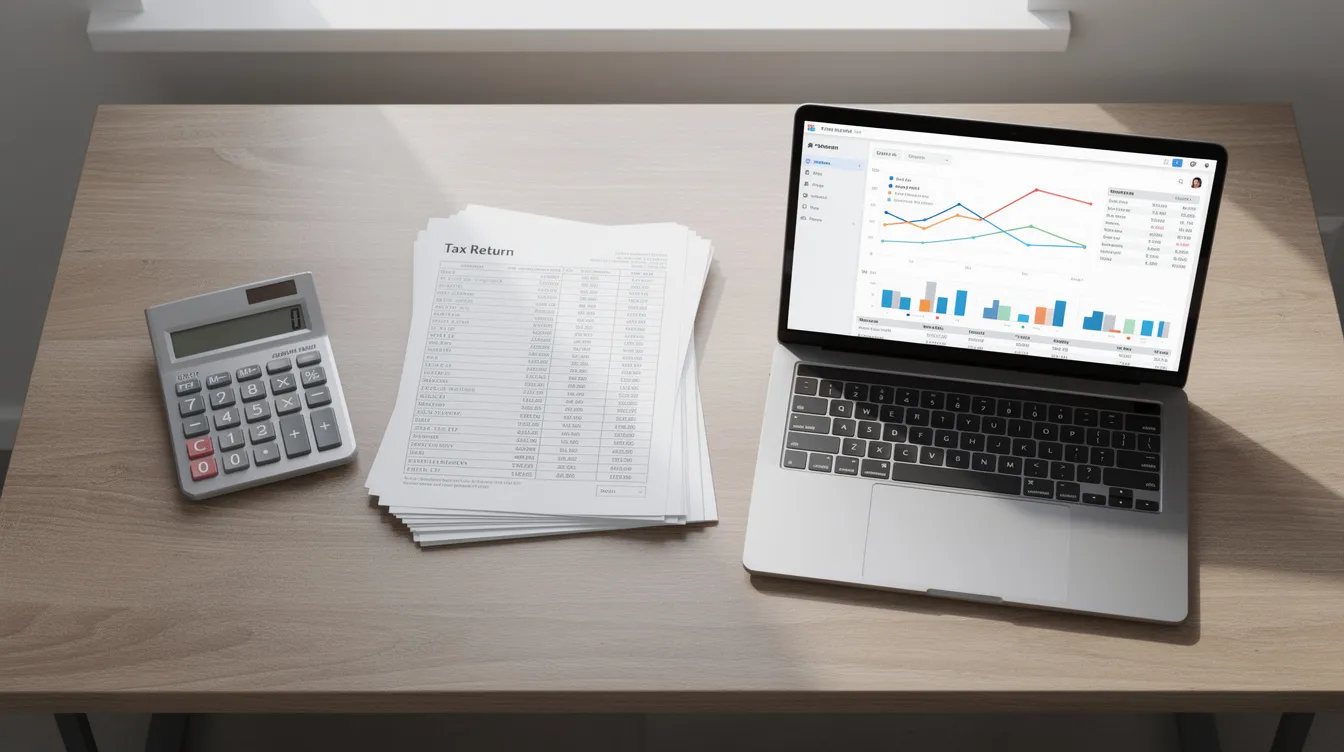 The image shows a cluttered desk featuring a calculator, various tax documents, and a laptop displaying financial data, suggesting a busy environment for tax preparation. This setup is typical for tax consultants and professionals assisting clients with their tax returns and planning services during the tax season.