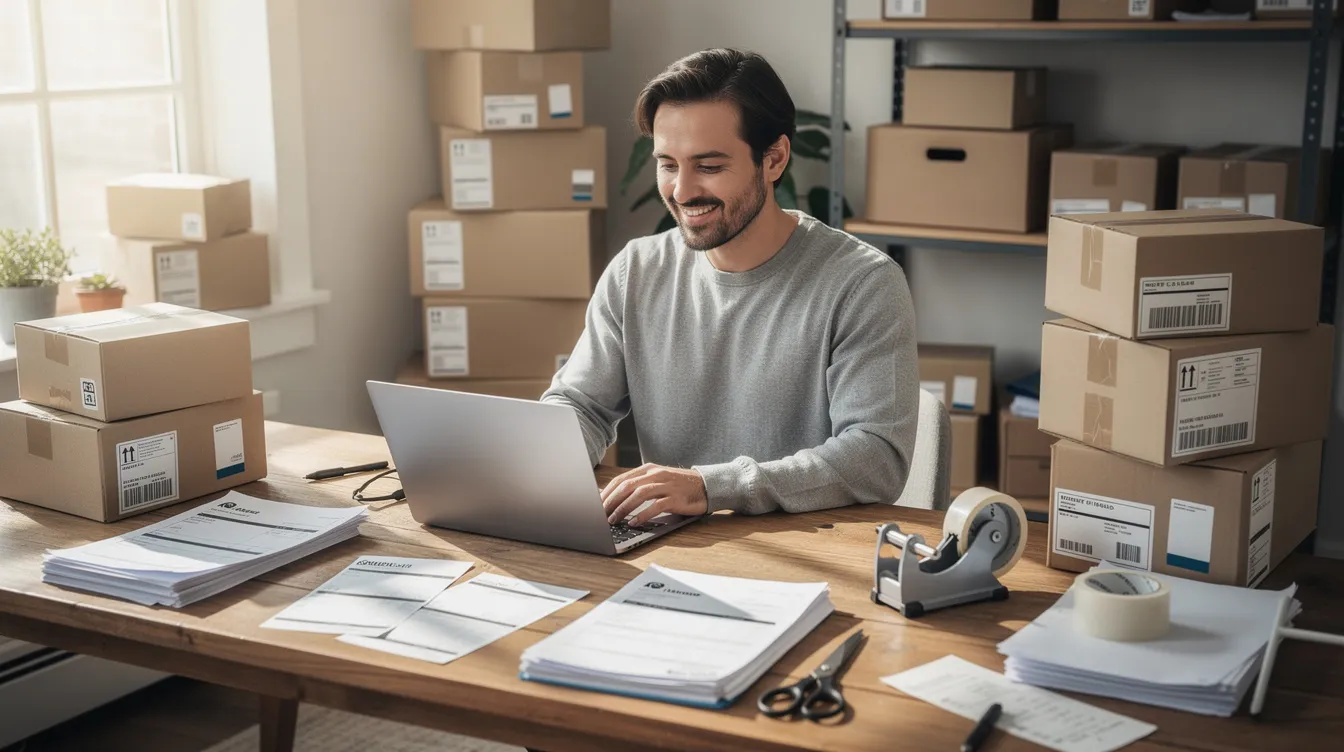 A small business owner is focused on their laptop at a cluttered desk filled with shipping boxes and invoices, highlighting the daily operations involved in managing sales tax compliance and tax obligations. The scene reflects the challenges faced by entrepreneurs in navigating tax laws and ensuring adherence to sales tax regulations.