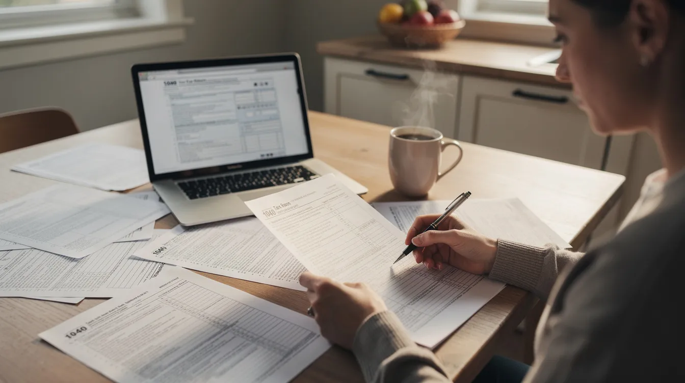 A person is seated at a kitchen table, reviewing various tax documents, including tax returns and notices from the IRS. The scene reflects the individual's financial situation as they consider payment plan options and the implications of tax penalties and interest.