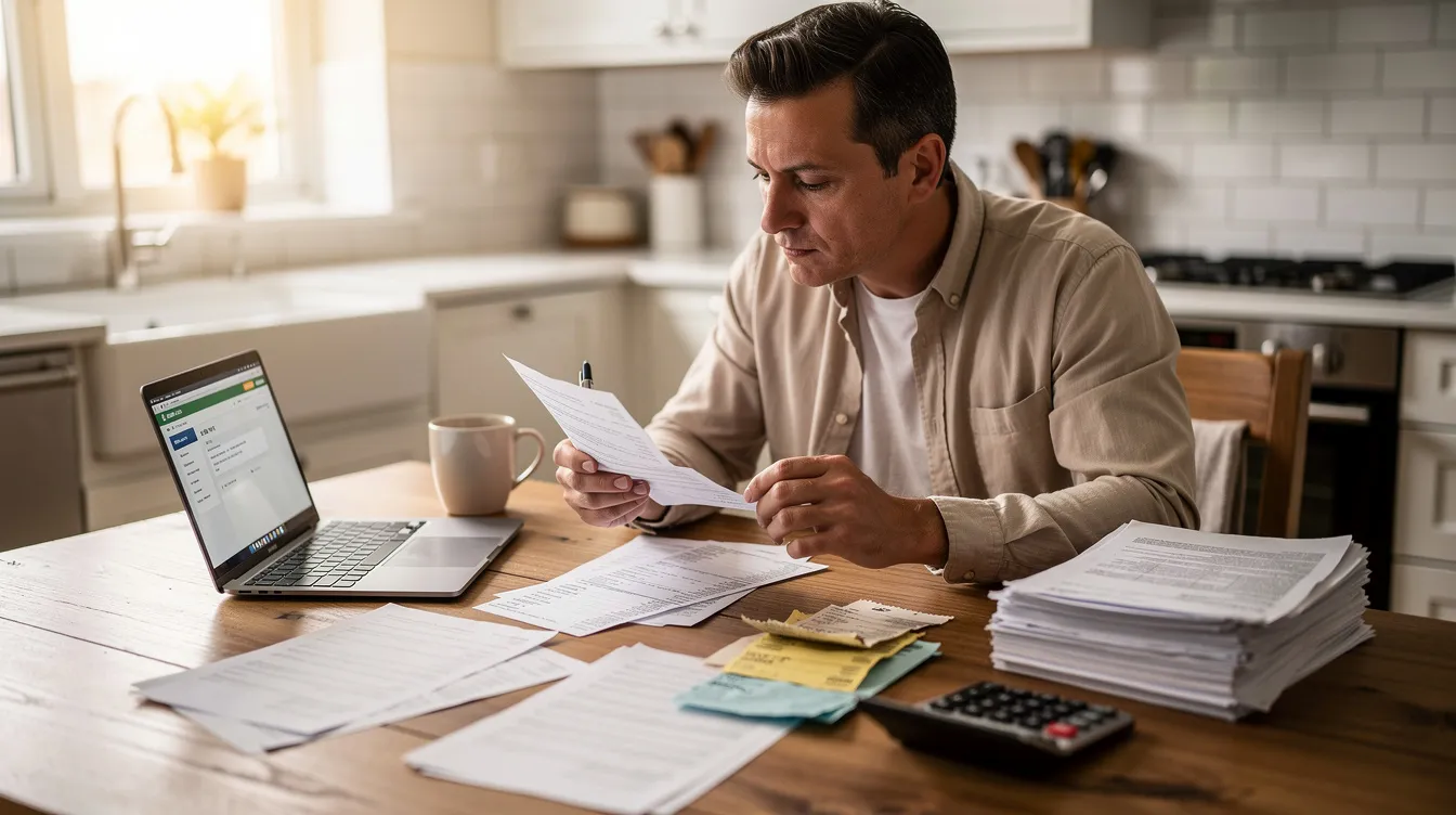A person is seated at a kitchen table, reviewing various financial documents, likely related to their tax obligations. The scene suggests they may be dealing with tax debt or seeking tax debt relief options, such as installment agreements or the IRS Fresh Start Program, to manage their financial situation.