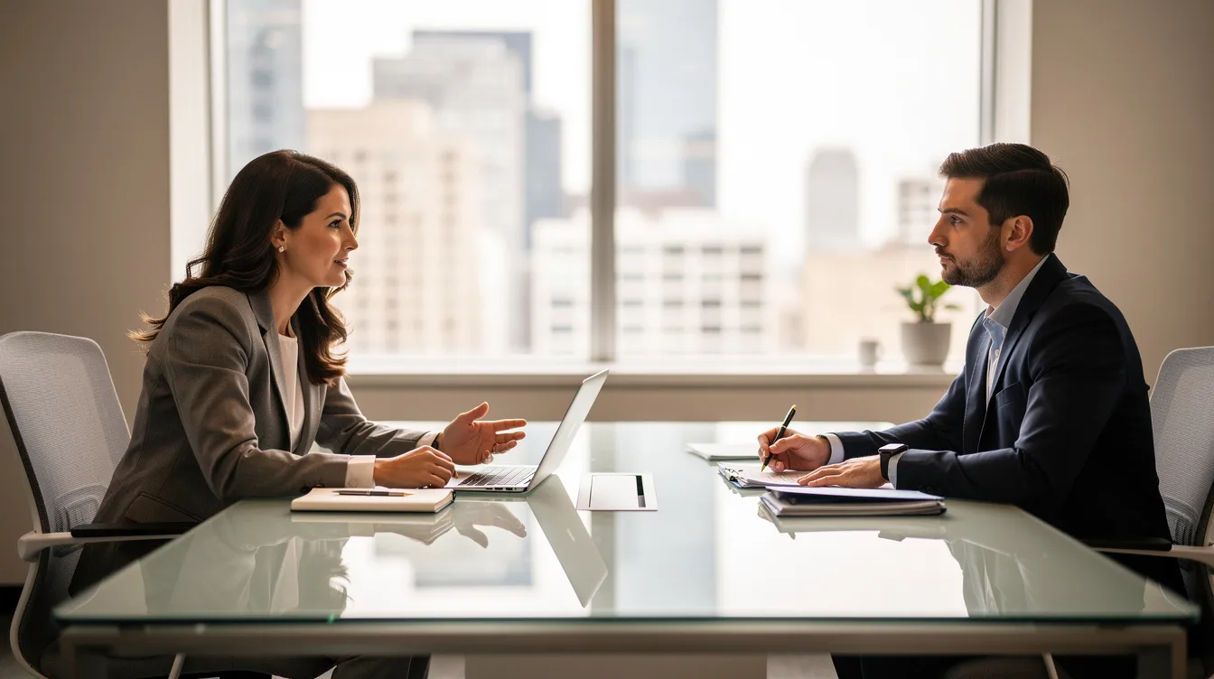 The image depicts a professional meeting between a tax relief professional and a client, seated across a desk, discussing important details about tax debt and potential payment plans. The atmosphere conveys a sense of trust and support, as they navigate the complexities of taxes and possible resolutions.