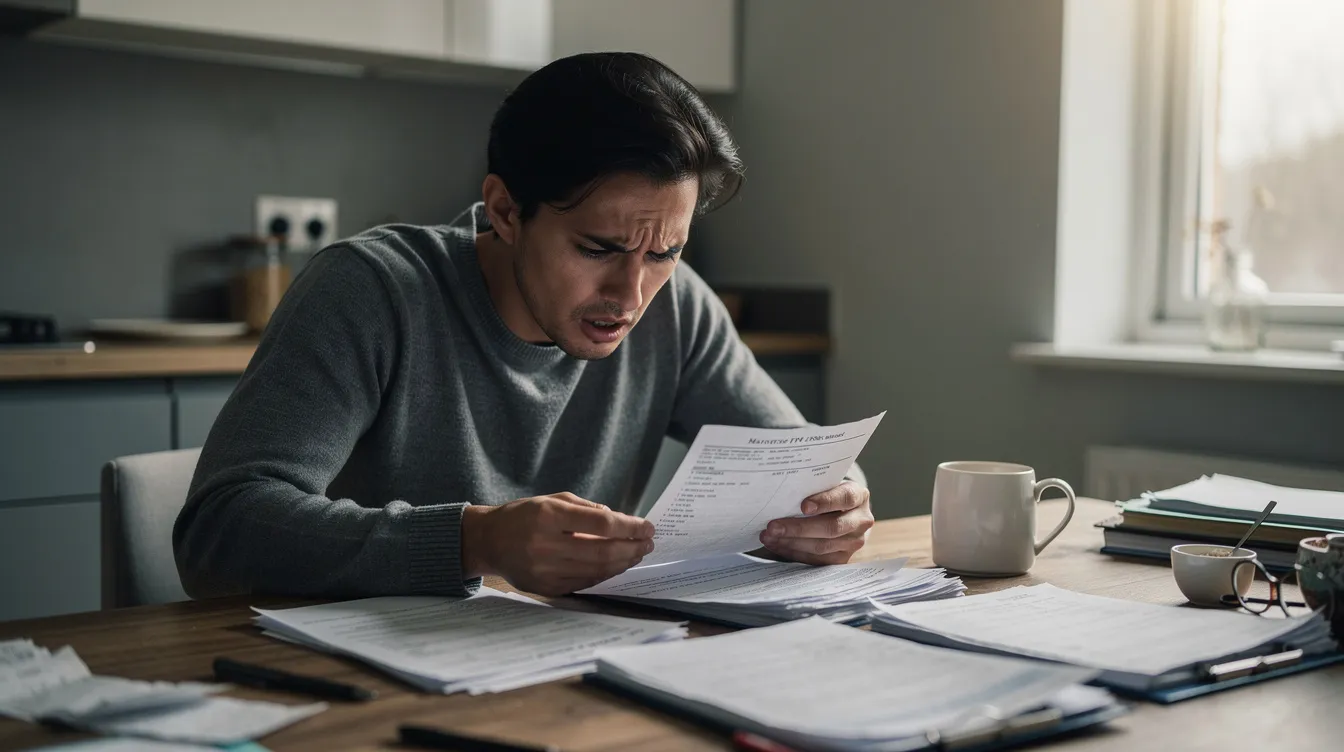 A worried person sits at a kitchen table, surrounded by documents related to their tax debt, looking for assistance and advice on payment plans and potential tax relief options. The scene conveys a sense of overwhelming concern as they navigate the complexities of owed taxes and the possibility of negotiating a settlement.
