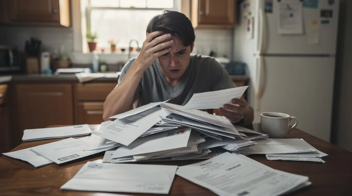 A stressed individual is seated at a kitchen table, surrounded by a disorganized pile of official mail and envelopes, likely containing important tax documents and forms. The scene conveys the pressure of tax season and the complexities of filing taxes, highlighting the need for professional tax preparation services.