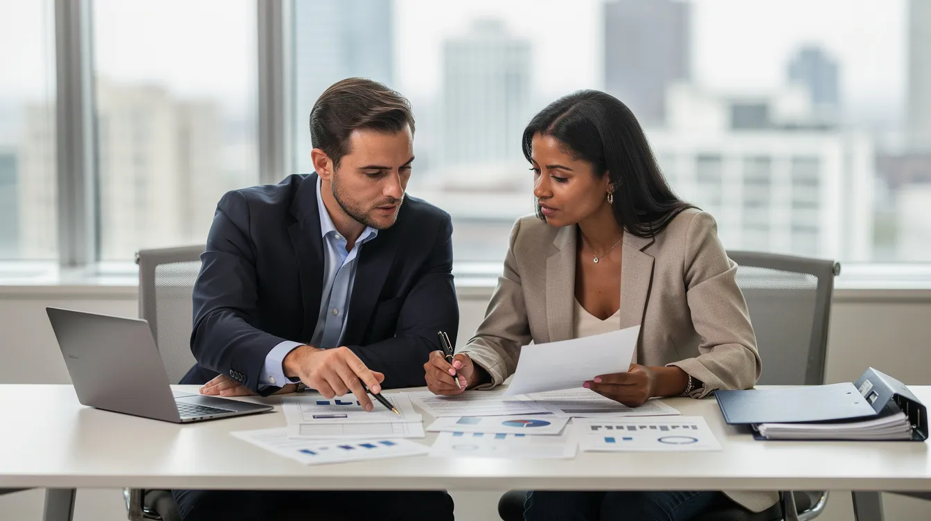 A professional consultant and a client are seated at an office desk, closely reviewing documents related to tax issues. The scene reflects a collaborative effort to address the client's tax debt and explore available tax relief services, ensuring the best outcome for their financial situation.