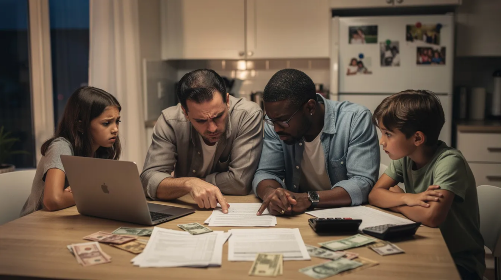 A concerned family is gathered around a kitchen table, reviewing paperwork related to their tax debt and financial situation. Their expressions reflect the stress of dealing with potential IRS tax liability and the challenges of managing an unexpected tax bill.