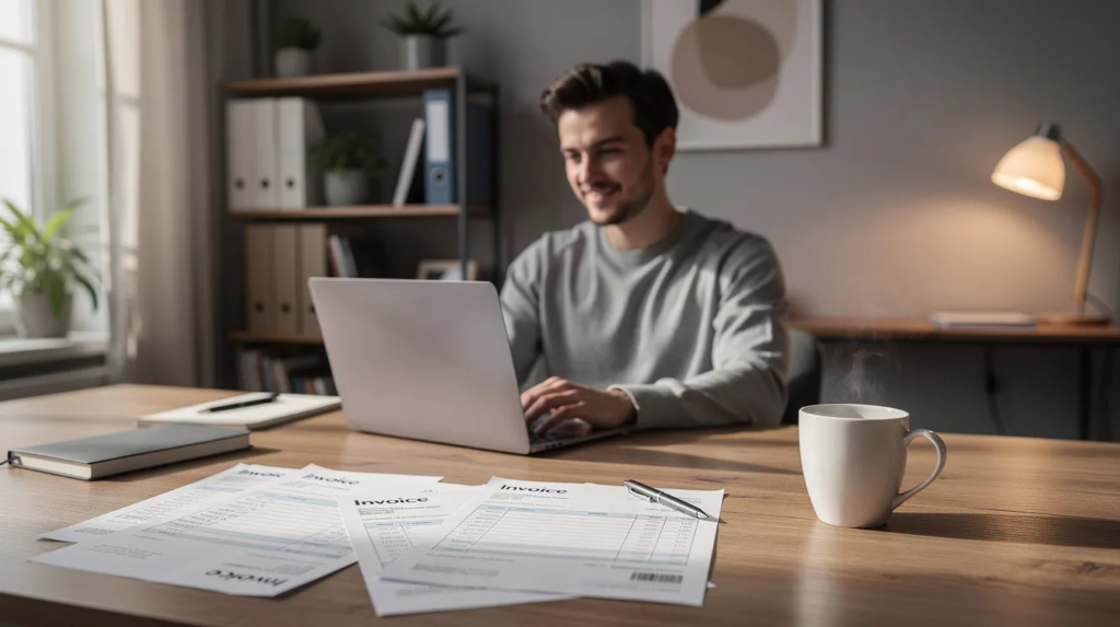A freelancer is seated at a desk in a home office, focused on their laptop while surrounded by invoices and a coffee mug. This scene reflects the typical environment for self-employed individuals managing their tax situation, which may include dealing with unpaid taxes or preparing for tax returns.