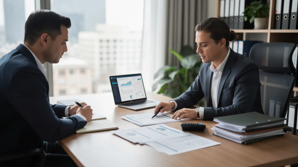 The image depicts a professional meeting between a tax advisor and a client seated across a desk, surrounded by various documents related to tax obligations and relief options. The advisor appears engaged, discussing strategies for managing the client's tax debt and financial situation, emphasizing potential paths for tax relief programs and installment agreements.