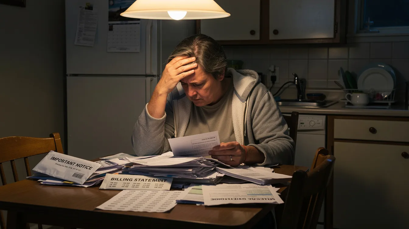 A person sits at a kitchen table, visibly stressed as they sift through a stack of official mail, likely related to complex tax issues or tax disputes involving the Internal Revenue Service. The scene captures the anxiety many face when dealing with tax controversy litigation and the potential impact on their financial matters.