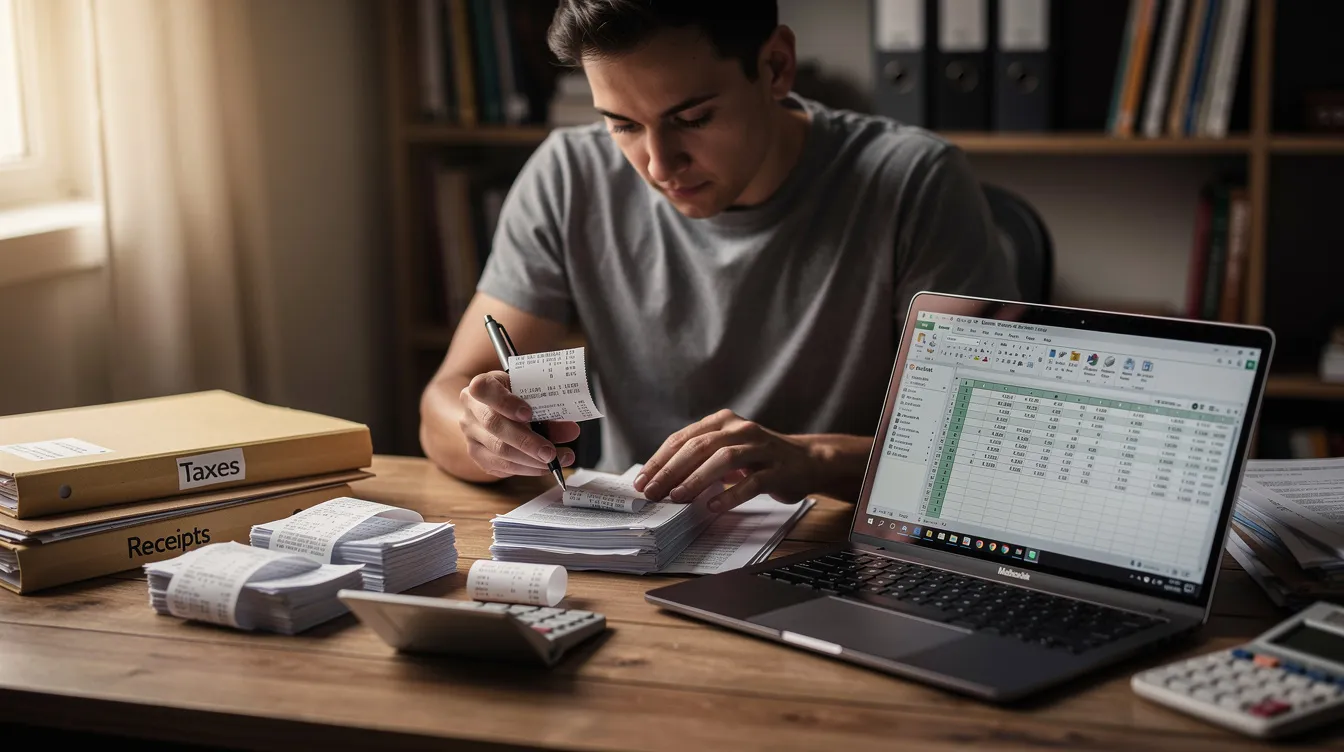 A person is sitting at a desk, meticulously organizing receipts and tax documents while a laptop is open, likely referencing federal tax law and guidelines. The scene reflects the preparation for income tax filing, emphasizing the importance of accurate record-keeping for taxpayers.