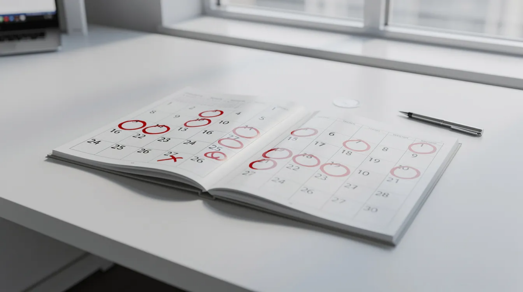 The image depicts an empty desk featuring an open calendar with several months marked by red circles, indicating important dates related to tax deadlines or events. This visual may symbolize the urgency of managing tax liabilities, such as addressing unpaid tax or preparing for the expiration of the IRS statute of limitations on tax debts.
